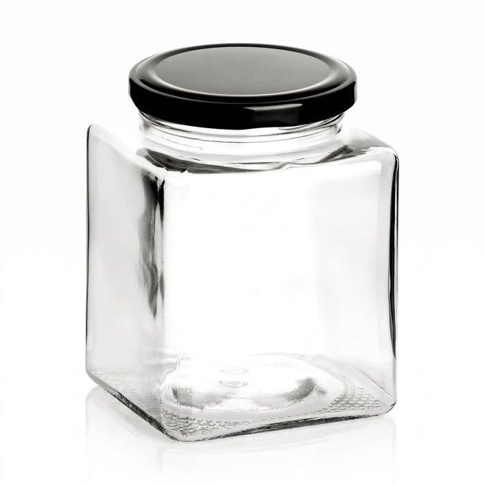 500 ml Einmachglas Quadrat mit Schraubdeckel Schwarz – leere Produktansicht mit passendem Deckel