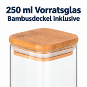 250 ml Borosilikatglas Eckig mit Bambusdeckel - 1 Variante wählbar – Volumen und Mündung
