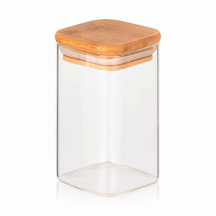 250 ml Borosilikatglas Eckig mit Bambusdeckel - 1 Variante wählbar – leere Produktansicht mit passendem Deckel