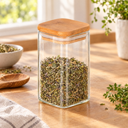 250 ml Borosilikatglas Eckig mit Bambusdeckel - 1 Variante wählbar – Füllidee