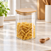 500 ml Borosilikatglas Eckig mit Bambusdeckel – Glas- und Materialansicht