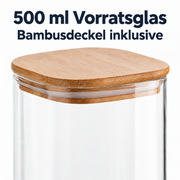 500 ml Borosilikatglas Eckig mit Bambusdeckel – Glas- und Materialansicht
