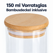 150 ml Borosilikatglas Rund mit Bambusdeckel – Glas- und Materialansicht
