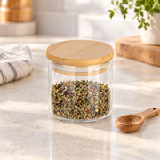 150 ml Borosilikatglas Rund mit Bambusdeckel – Glas- und Materialansicht