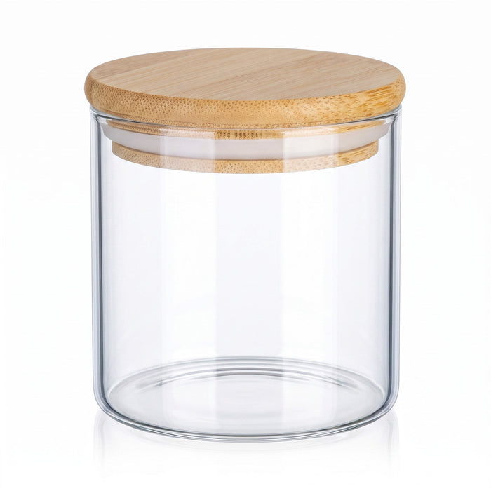 150 ml Borosilikatglas Rund mit Bambusdeckel – leere Produktansicht auf Weiß