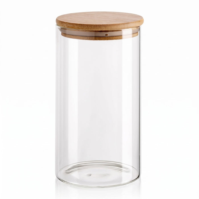 1400 ml Borosilikatglas Rund mit Bambusdeckel – leere Produktansicht mit passendem Deckel