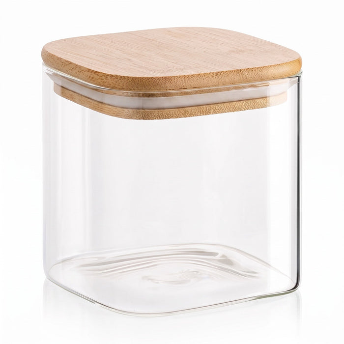 800 ml Borosilikatglas Eckig mit Bambusdeckel – leere Produktansicht auf Weiß
