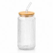 480 ml Trinkglas geriffelt mit Bambusdeckel und Glasstrohhalm