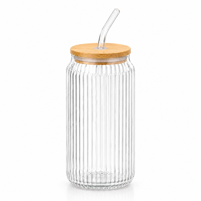 480 ml Trinkglas geriffelt – Einzelglas mit Deckel und Strohhalm – Produktansicht