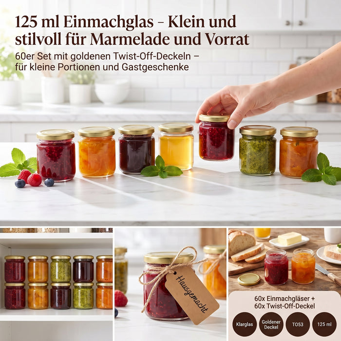 Helix-Gläser für Marmelade, Vorrat und kleine Mitbringsel – Deckelfarbe Gold · Anwendungsszene mit KI-generierter Person