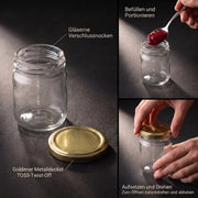 Helix-Glas und passender TO53-Twist-Off-Deckel im Detail – Deckelfarbe Gold · Anwendungsszene mit KI-generierter Person