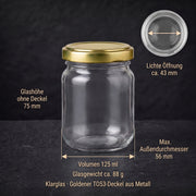 Helix-Glasmaße: 75 mm hoch ohne Deckel, maximal 56 mm breit, ca. 43 mm lichte Öffnung – Deckelfarbe Gold