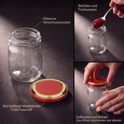 Helix-Glas und passender TO53-Twist-Off-Deckel im Detail – Deckelfarbe Rot-Gold · Anwendungsszene mit KI-generierter Person