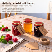 Selbstgemachtes in kleinen Helix-Gläsern verschenken – Deckelfarbe Rot-Gold