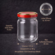 Helix-Glasmaße: 75 mm hoch ohne Deckel, maximal 56 mm breit, ca. 43 mm lichte Öffnung – Deckelfarbe Rot-Gold