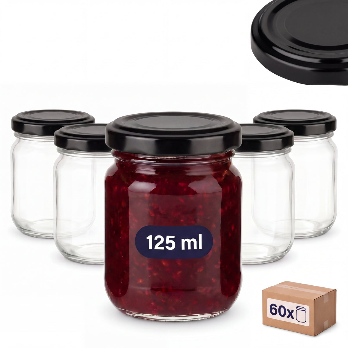 60 Helix-Gläser 125 ml mit 60 TO53-Deckeln – Deckelfarbe Schwarz