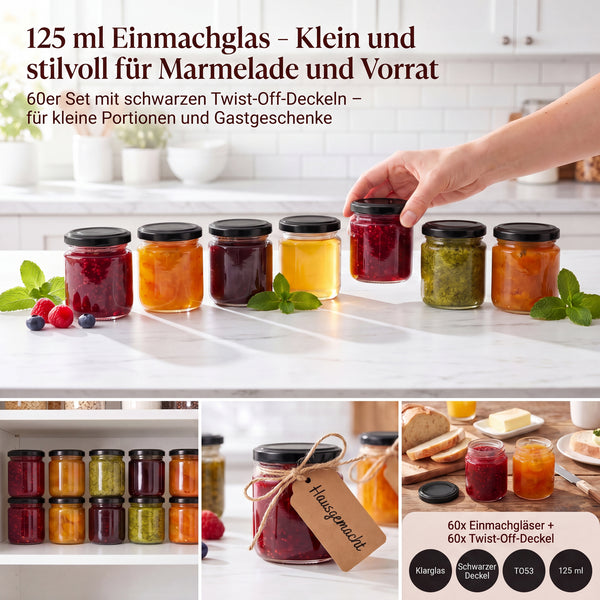 Helix-Gläser für Marmelade, Vorrat und kleine Mitbringsel – Deckelfarbe Schwarz · Anwendungsszene mit KI-generierter Person