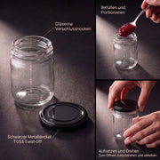 Helix-Glas und passender TO53-Twist-Off-Deckel im Detail – Deckelfarbe Schwarz · Anwendungsszene mit KI-generierter Person