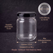 Helix-Glasmaße: 75 mm hoch ohne Deckel, maximal 56 mm breit, ca. 43 mm lichte Öffnung – Deckelfarbe Schwarz