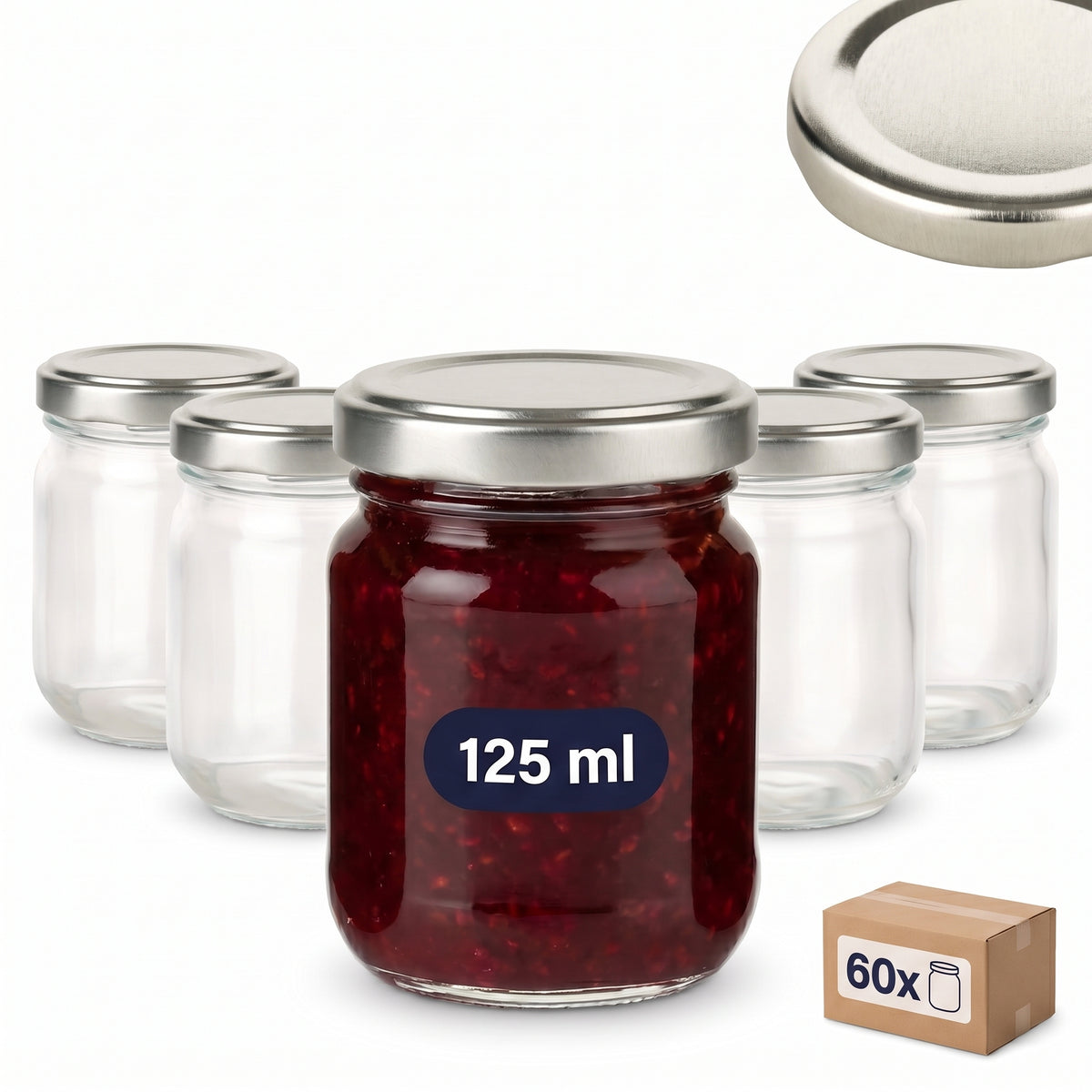 60 Helix-Gläser 125 ml mit 60 TO53-Deckeln – Deckelfarbe Silber