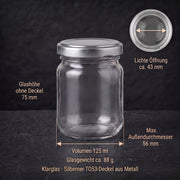 Helix-Glasmaße: 75 mm hoch ohne Deckel, maximal 56 mm breit, ca. 43 mm lichte Öffnung – Deckelfarbe Silber