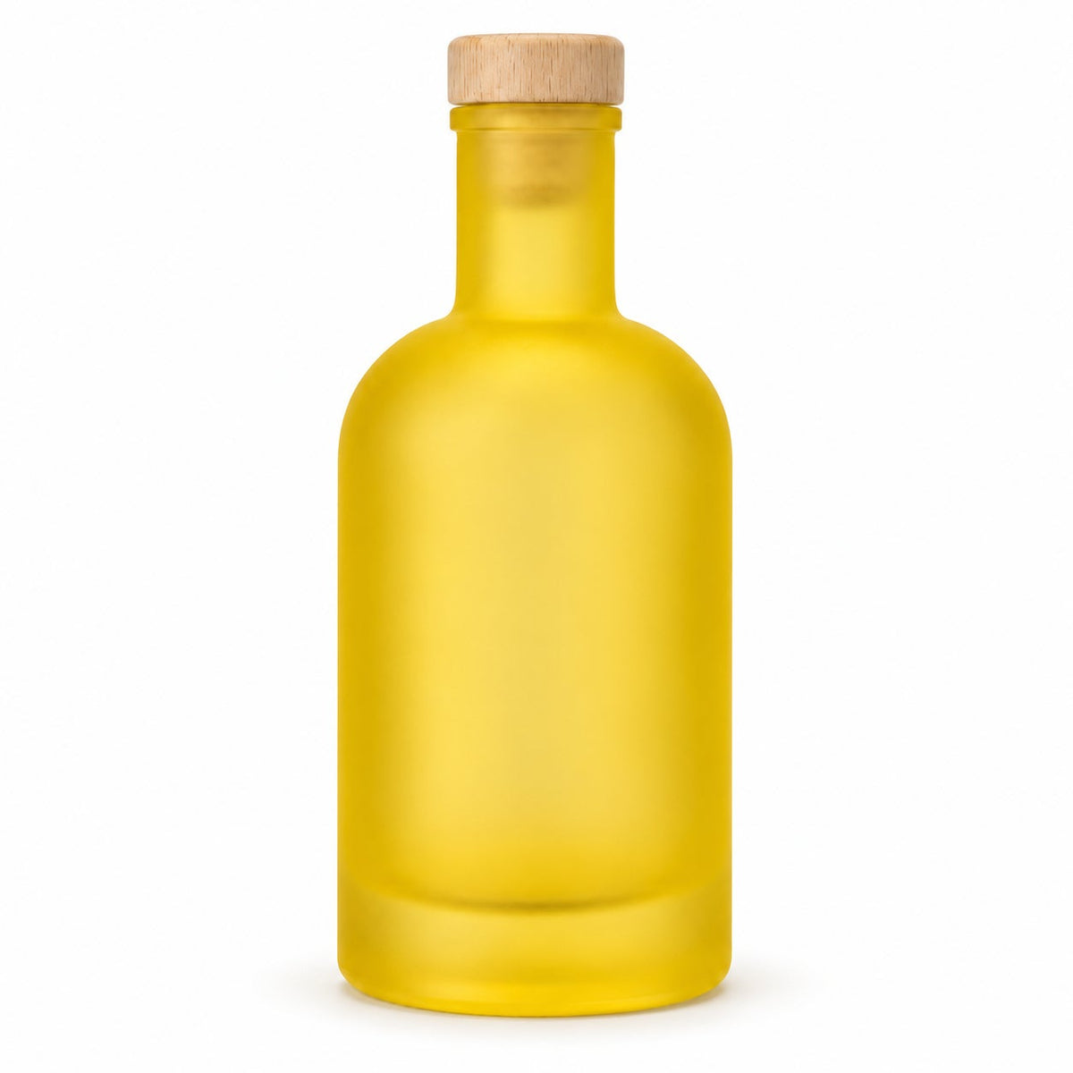 250 ml Klassikflasche frosted Gelb mit Holzgriffverschluss, runde Schulter und dicker Glasboden