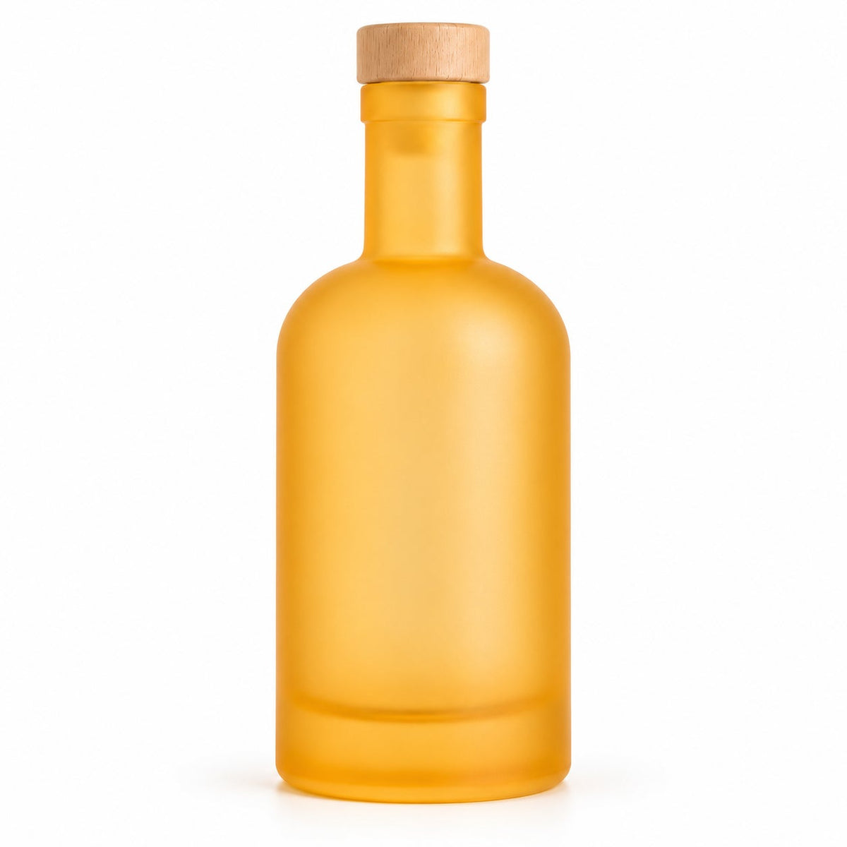 250 ml Klassikflasche frosted Orange mit Holzgriffverschluss, runde Schulter und dicker Glasboden