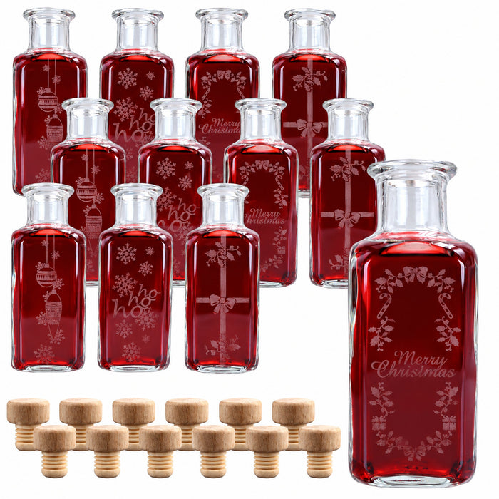 100 ml Apotheker-Quadratflasche mit matter Weihnachts-Glasgravur und Holzgriffkorken
