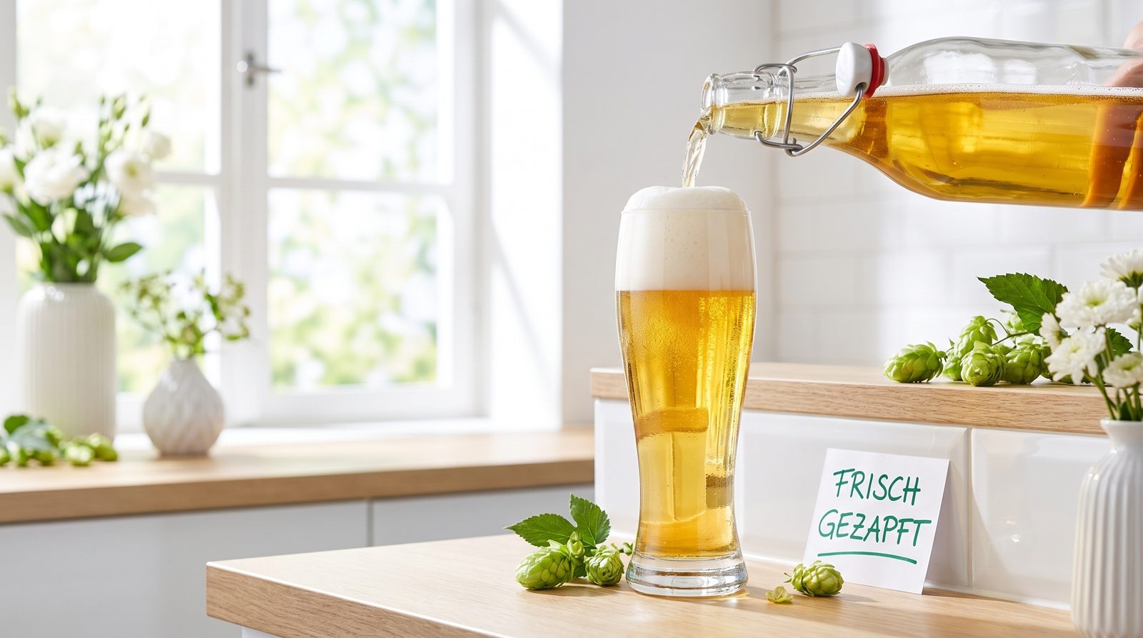 Neue Bierflasche mit Bügelverschluss in einer hellen Küche