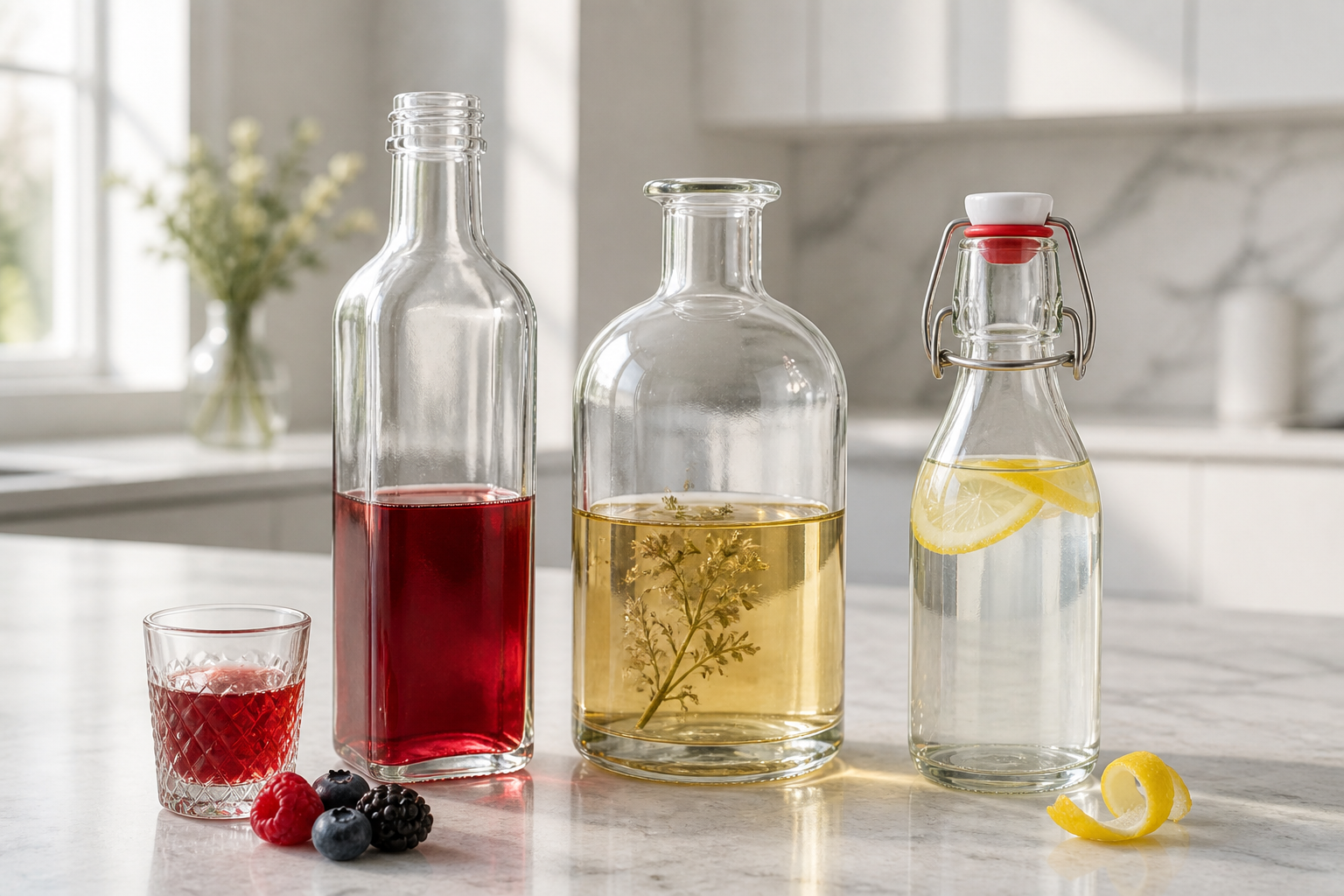 Maraska-, Apotheker- und Bügelflasche in einer hellen modernen Küche