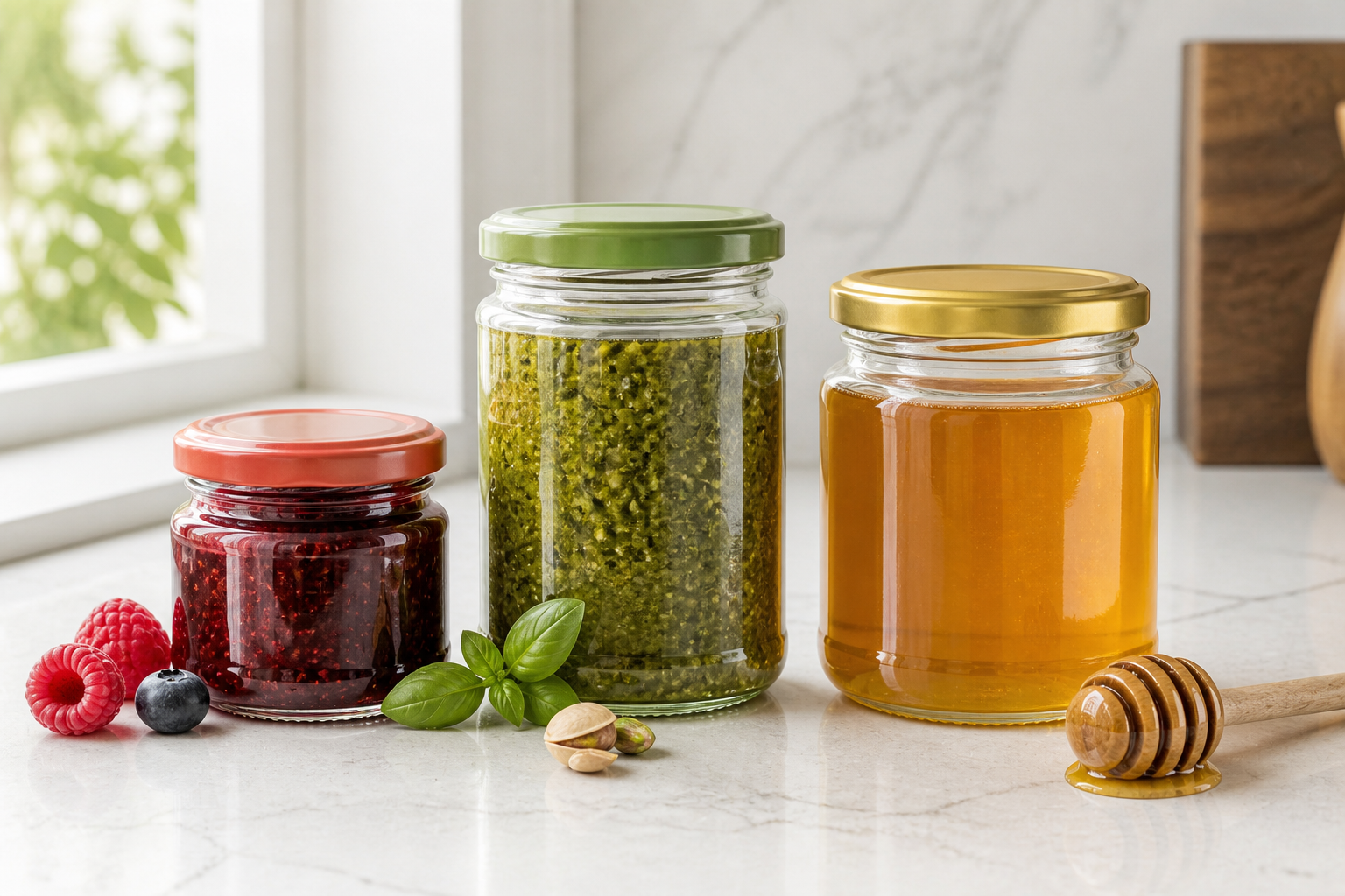 Einmachgläser mit Konfitüre, Pesto und Honig in einer hellen Küche