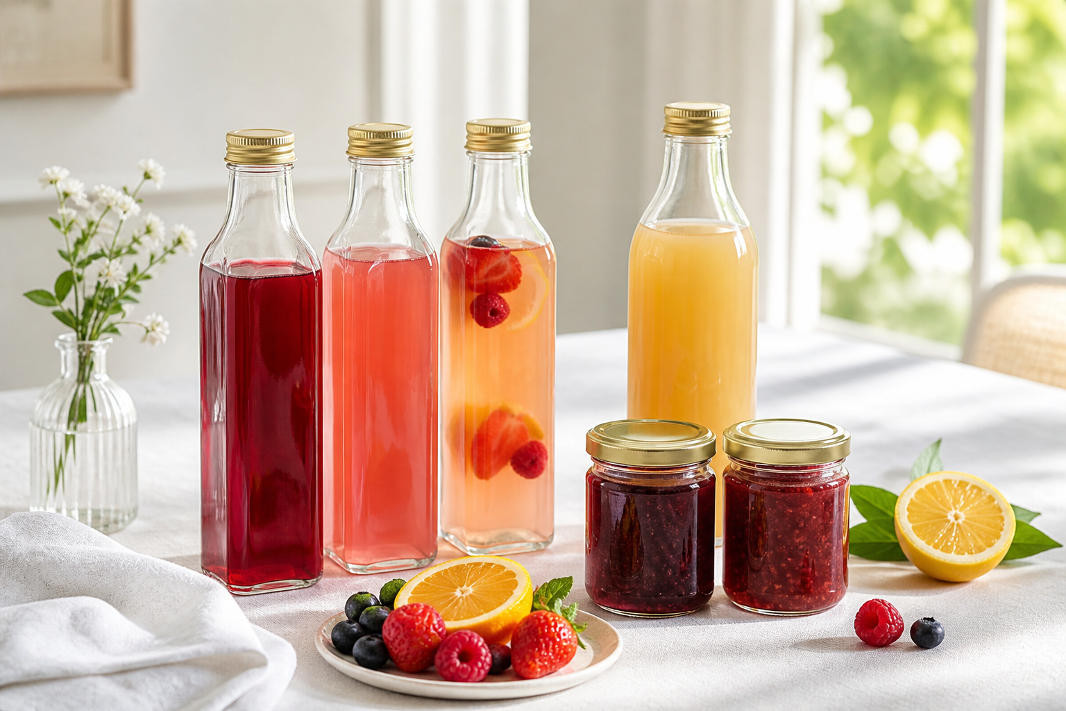 Flaschen- und Gläser-Set für eine helle sommerliche Tafel