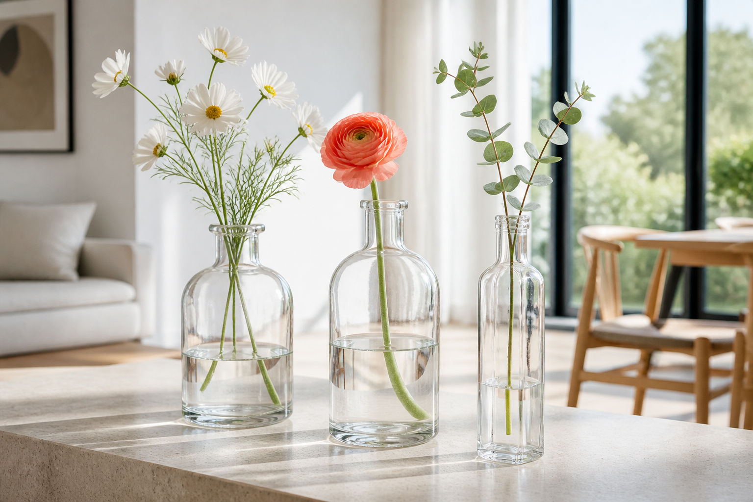 Apotheker-, Rund- und Maraska-Flasche als moderne Blumenvasen