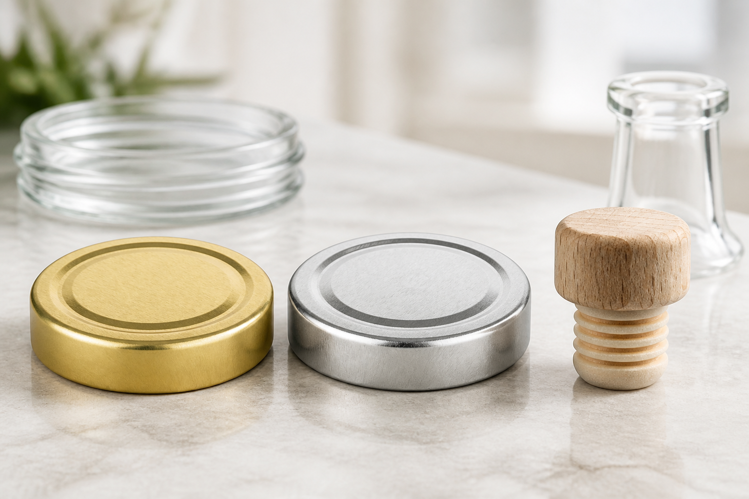 Goldener und silberner Twist-Off-Deckel mit Holzgriffkorken